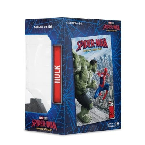 Marvel's Spider-Man: Brave New City action figure box featuring Hulk and Spider-Man on the front, with a clear window showing the figure inside. The packaging is blue with web graphics and Marvel branding.
