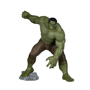 Hulk action figure posed in a dynamic crouching stance on a gray rock base, with green skin and brown pants, isolated on a white background.