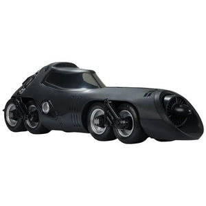 Black Batmobile toy model on a white background