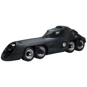 Black toy Batmobile on a white background