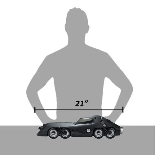 Toy car next to a person's silhouette with a measurement of 21 inches.