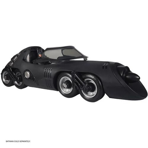 Black Batmobile toy on a white background