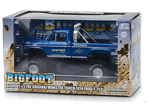 Boxed model of a blue monster truck with 'Bigfoot' branding on a white background