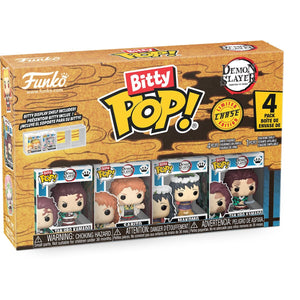 Funko Bitty Pop! Demon Slayer 4-pack mystery box featuring four mini vinyl figures: Nezuko Kamado, Sabito, Makomo, and Tanjiro Kamado, in a wood-grain themed box.