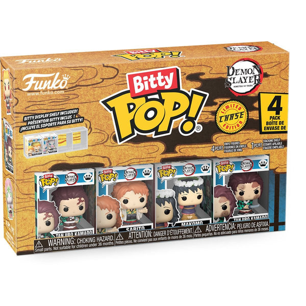 Funko Bitty Pop! Demon Slayer 4-pack mystery box featuring four mini vinyl figures: Nezuko Kamado, Sabito, Makomo, and Tanjiro Kamado, in a wood-grain themed box.
