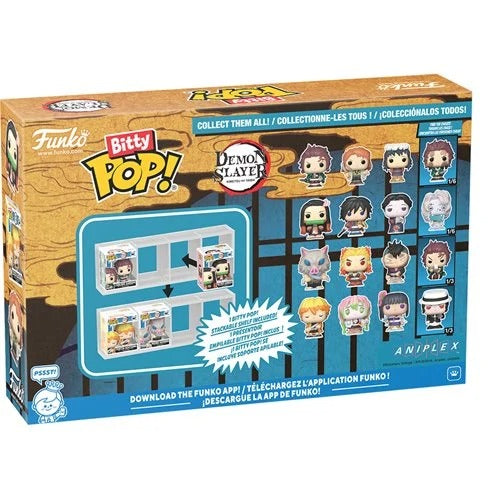 Funko Bitty Pop! Demon Slayer collectible figures packaging with figures displayed on a wooden background.