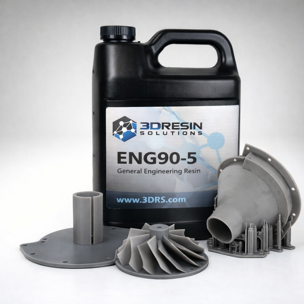 Echo Six Hobbies Black resin container with 3D resin solution and printed components on a white background