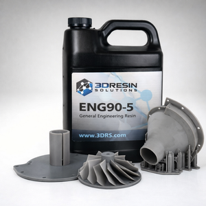 Echo Six Hobbies Black resin container with 3D resin solution and printed components on a white background