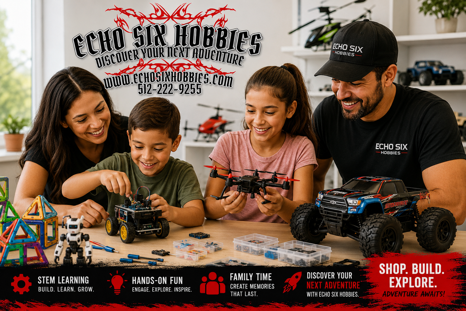 Family playing with toy cars in a hobby store setting, with Echo Six Hobbies branding.