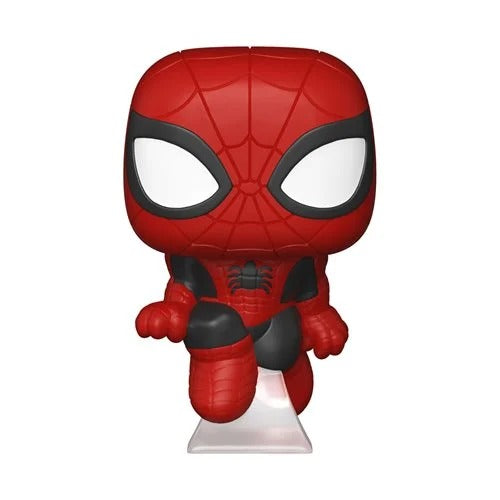 Echo Six Hobbies Funko Bitty Pop Marvel A Spider-Man Funko Pop! vinyl figure in a running pose, featuring a red and black suit with large white eyes, mounted on a clear plastic display base against a plain white background.