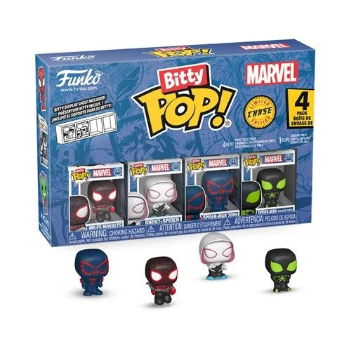 Echo Six Hobbies Funko Bitty Pop Marvel Four identical Funko Bitty Pop! Marvel blind box sets arranged in a 2x2 grid on a plain white background. Each blue box features Marvel logos, a yellow 'Bitty Pop!' title, and a '4-pack' badge, with character windows showing Spider-Man, Black Panther, Venom, and Deadpool.