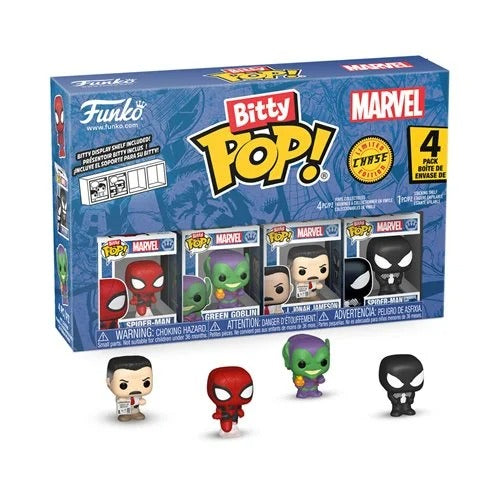 Echo Six Hobbies Funko Marvel Bitty Pop! 4-pack with Spider-Man, Green Goblin, Iron Man, and Black Panther figures in front of packaging.