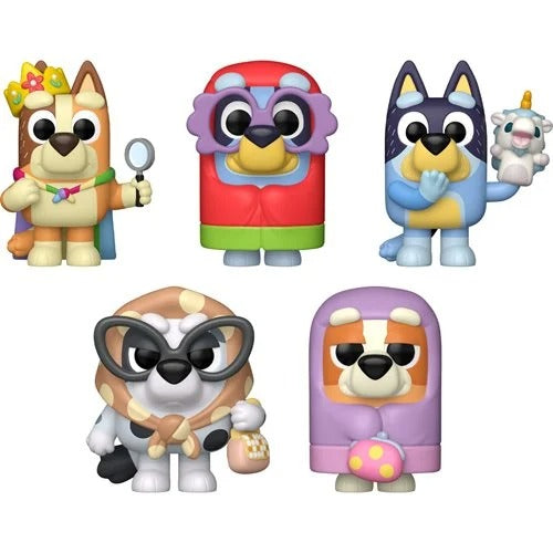Echo Six Hobbies Funko Pop Animation Bluey Five Bluey-inspired dog character vinyl figures arranged on a plain white background, each with a different outfit and accessory.