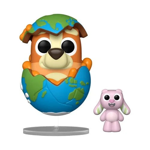 Echo Six Hobbies Funko Pop Animation Bluey Toy figure of a dog-like creature with a world map design, next to a smaller pink creature on a white background.