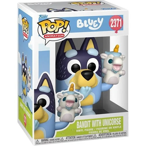 Echo Six Hobbies Funko Pop Animation Bluey Funko Pop! vinyl figure packaging featuring Bluey and Bandit with Unicorse.