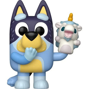 Echo Six Hobbies Funko Pop Animation Bluey Blue and yellow cartoon character holding a small white creature with a yellow horn on a white background