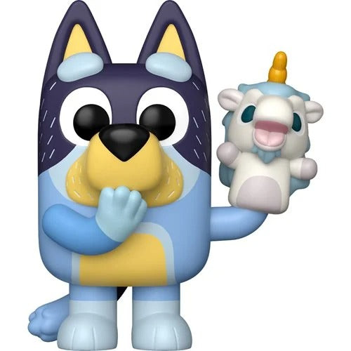 Echo Six Hobbies Funko Pop Animation Bluey Blue and yellow cartoon character holding a small white creature with a yellow horn on a white background