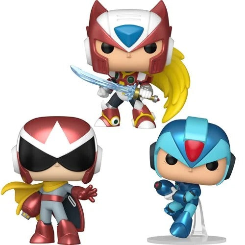Echo Six Hobbies Funko Pop Mega Man X Three Funko Pop! vinyl figures of Mega Man and his alternate forms, shown on a plain white background.