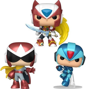 Echo Six Hobbies Funko Pop Mega Man X Three Funko Pop! vinyl figures of Mega Man and his alternate forms, shown on a plain white background.