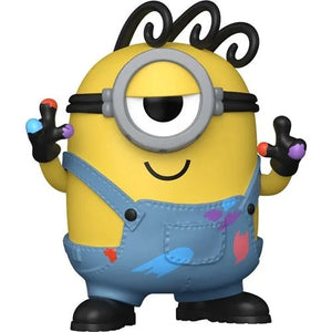 Echo Six Hobbies Funko Pop Movies Minions A yellow cartoon minion figure with one large eye, black hair, blue overalls with paint splatters, and black gloves holding colorful paintbrushes, shown on a plain white background.