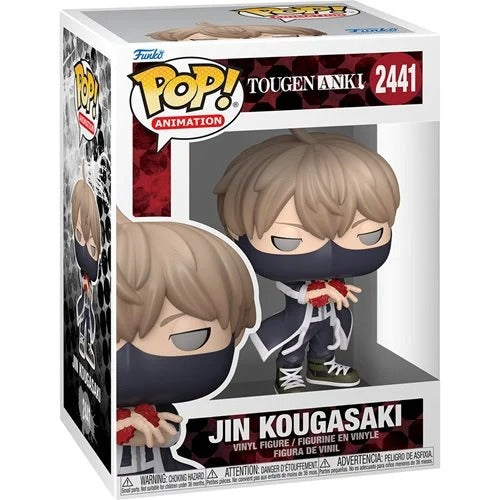 Echo Six Hobbies Funko Pop Tougen Aniki Funko Pop! Animation vinyl figure of Jin Kougasaki, number 2441, shown in its original window box packaging. The figure has light brown hair, a black face mask, and is wearing a dark blue and white outfit with a red accent.
