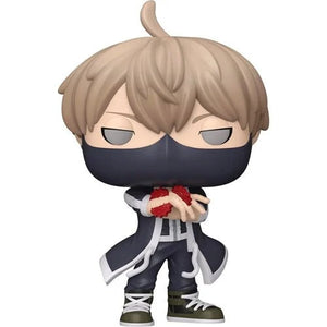 Echo Six Hobbies Funko Pop Tougen Aniki A stylized vinyl figure of a young male anime character with light brown hair, a black face mask, and a dark navy outfit with white trim, holding a red heart-shaped object against a plain white background.