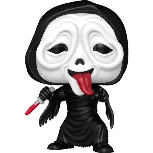 A Funko Pop! vinyl figure of the Ghostface character, featuring a black hooded robe, a white mask with a protruding red tongue, and holding a red knife, set against a plain white background.