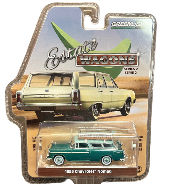 Model car in packaging with 'Greenlight' branding and 'Estate Wagons' series title.