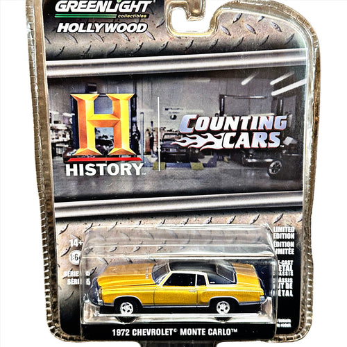 1972 Chevrolet Monte Carlo toy car in packaging with Greenlight Hollywood and History Channel branding.