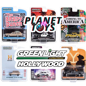 Collection of Greenlight Hollywood die-cast vehicle packages with various models and branding.