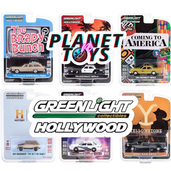 Collection of Greenlight Hollywood die-cast vehicle packages with various models and branding.