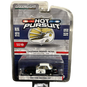 Hot Pursuit series model car packaging with 1982 Ford Mustang SSP on a white background