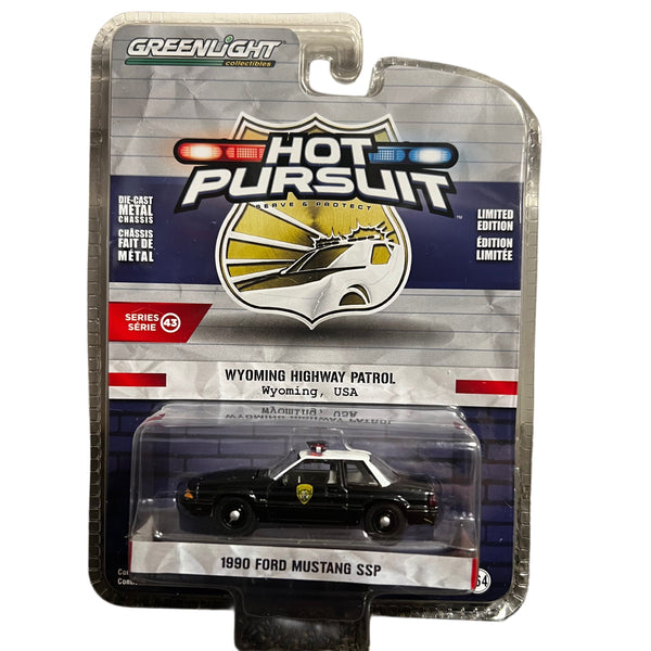 Hot Pursuit series toy car packaging with 1990 Ford Mustang SSP model