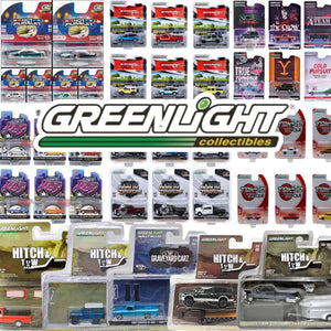 Collection of Greenlight collectible model car packages displayed in rows.