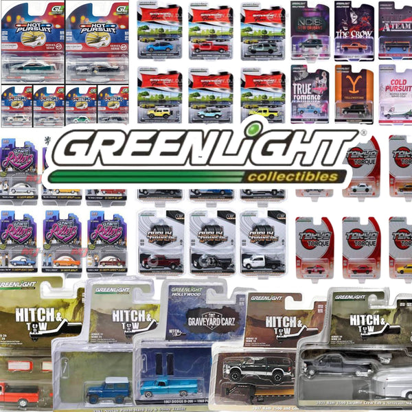 Collection of Greenlight collectible model car packages displayed in rows.