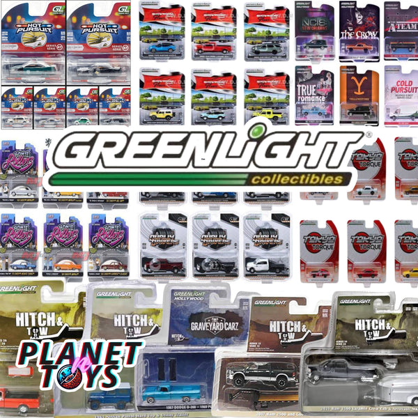 Collection of Greenlight collectible toy car packages displayed against a white background.
