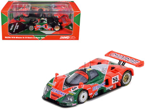 A red and green Mazda 7978 WT Winner diecast model race car, shown both inside its original packaging box at the top left and as an unpainted model at the bottom right, on a solid white background.