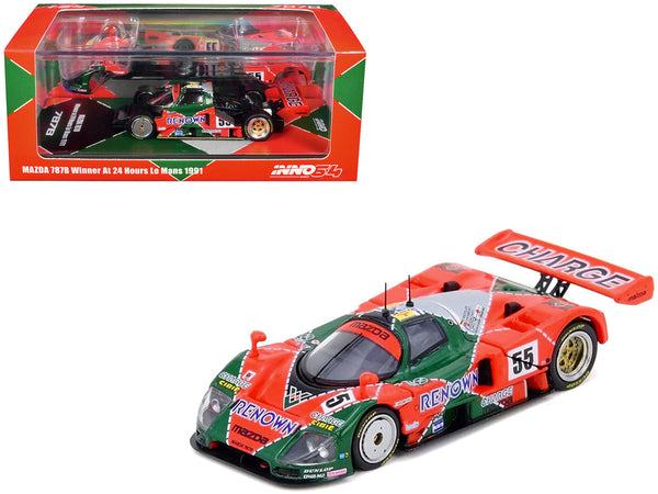 A red and green Mazda 7978 WT Winner diecast model race car, shown both inside its original packaging box at the top left and as an unpainted model at the bottom right, on a solid white background.
