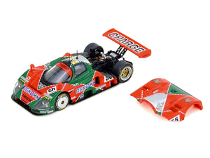 A scale model of a green, red, and white racing car with 'CHARGE' on the rear wing, shown alongside a detached matching red, green, and white rear wing on a white background.