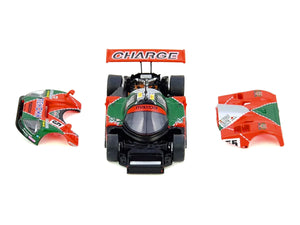 A miniature model of a red and green Formula 1 race car, shown alongside two separate matching body panels on a plain white background. The car features prominent 'CHARGE' and 'mazda' branding.