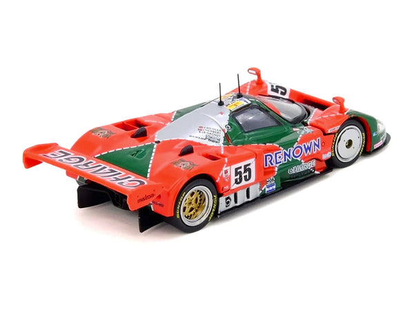 A 1:43 scale model of a vintage racing car, specifically a Toyota 99GT-1 driven by Jochen Neugardt. The car features a red and green livery with white, blue, and black sponsor decals, including 'Renown' and 'Challenger'.