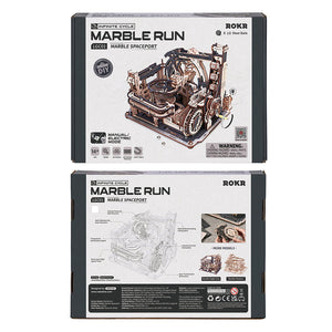 Two packaging designs of a marble run toy set with ROKR branding on a white background.