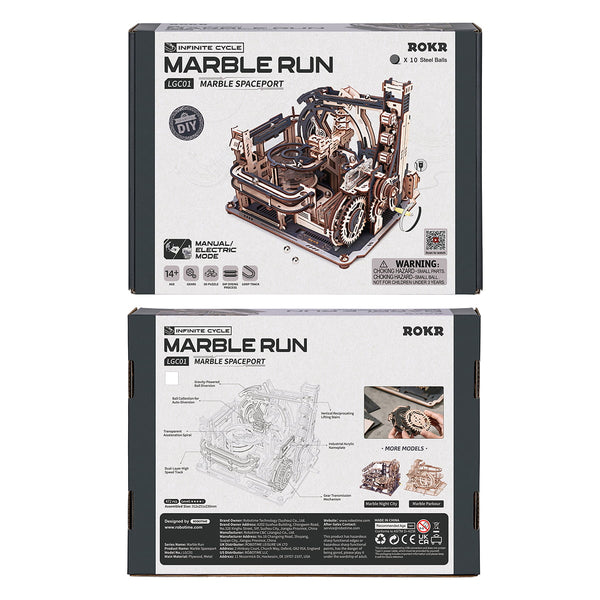 Two packaging designs of a marble run toy set with ROKR branding on a white background.