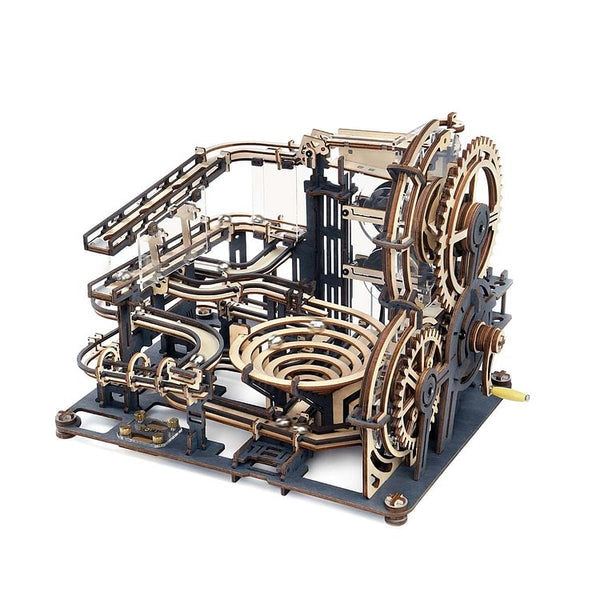 Mechanical model with gears and metal components on a white background