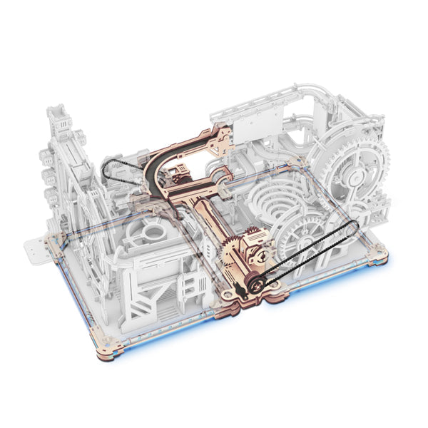 Mechanical model with transparent casing on a white background