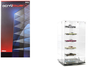 Echo Six Hobbies Clear acrylic display tower with model cars next to its packaging