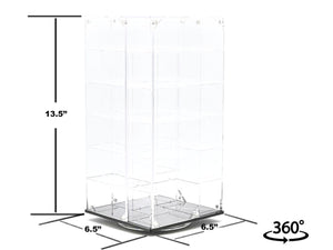 Echo Six Hobbies Clear acrylic display case with dimensions and rotation capability on a white background