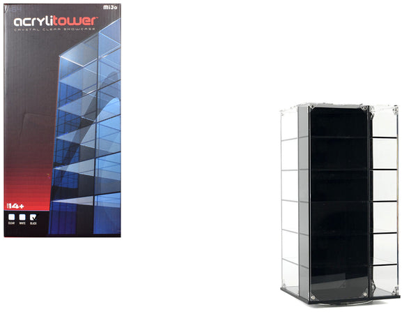 Echo Six Hobbies Clear acrylic display tower with packaging featuring AcrylItower branding on a white background.