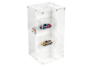 Echo Six Hobbies Clear acrylic display case with three toy cars on a white background