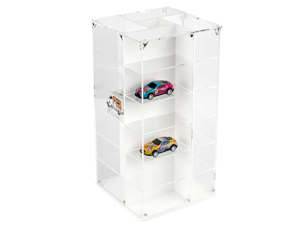Echo Six Hobbies Clear acrylic display case with three toy cars on a white background
